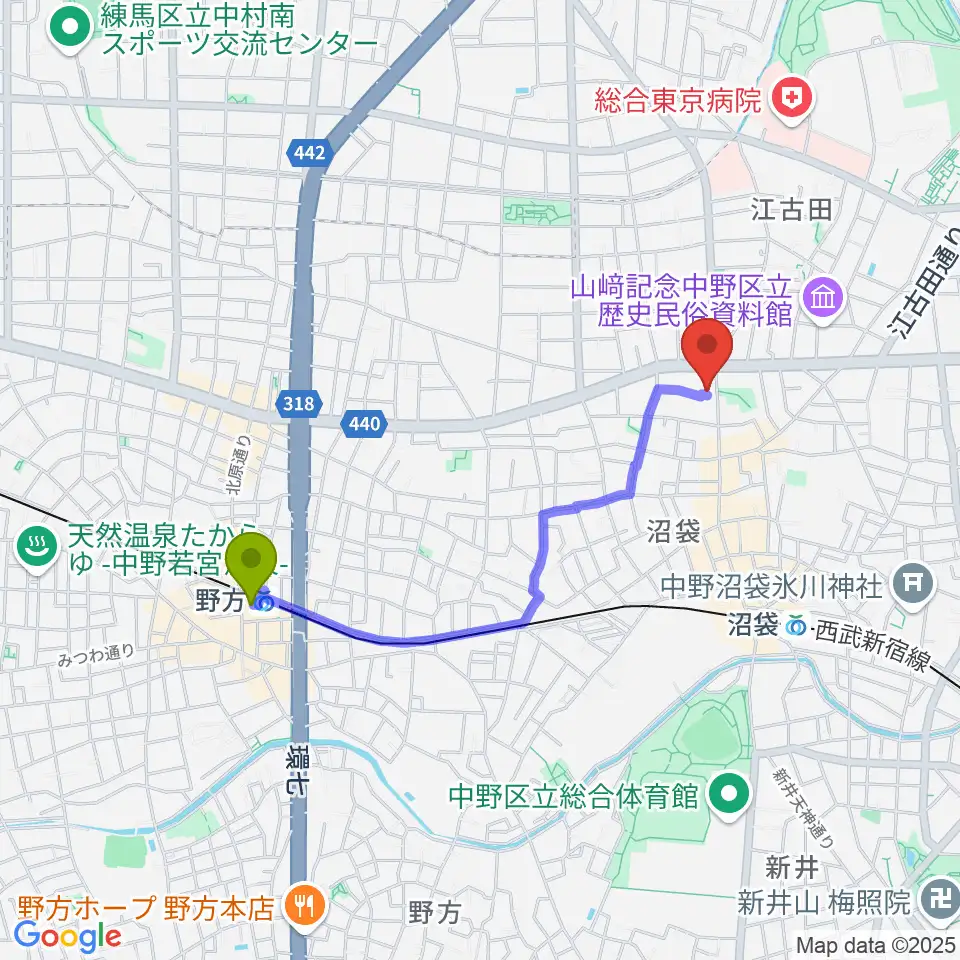 野方駅から沼袋Section9へのルートマップ地図