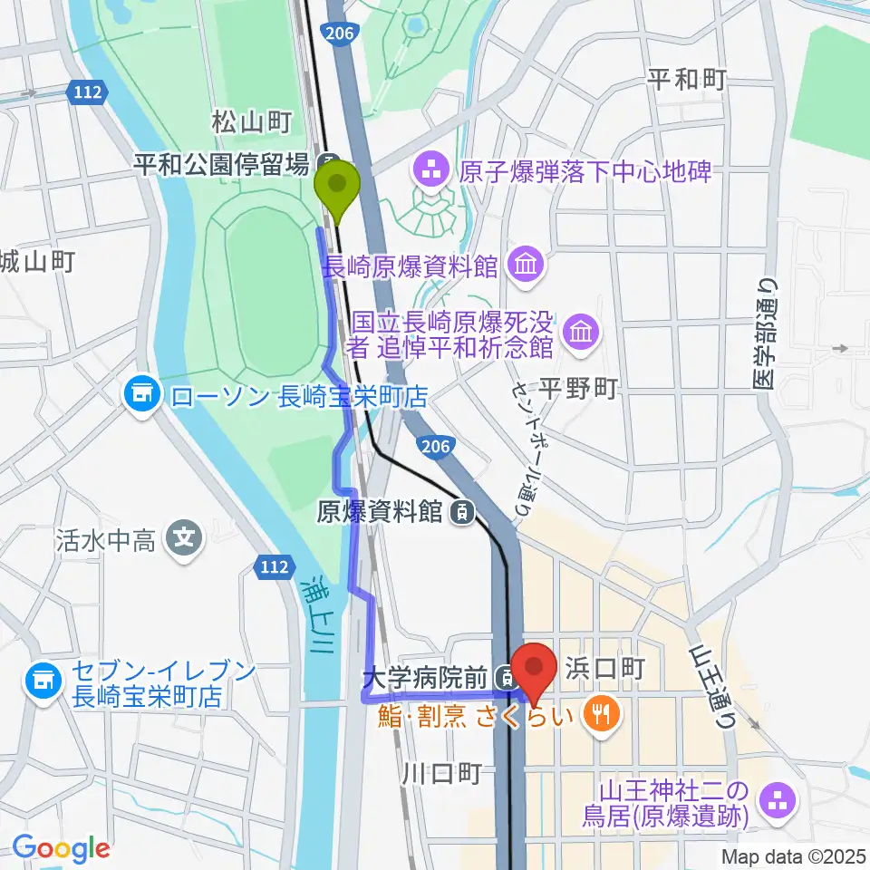 平和公園駅からホンダ楽器 アストロスペースへのルートマップ地図