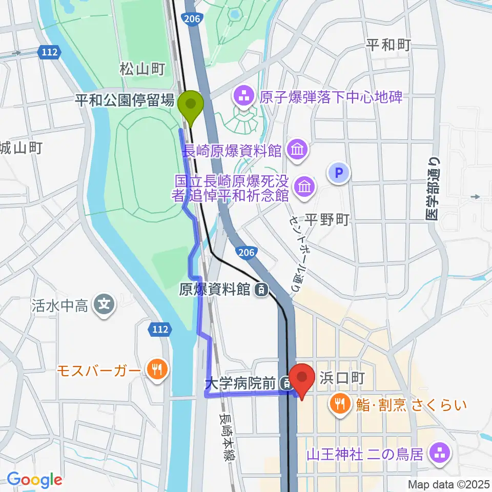 平和公園駅からホンダ楽器 アストロスペースへのルートマップ地図