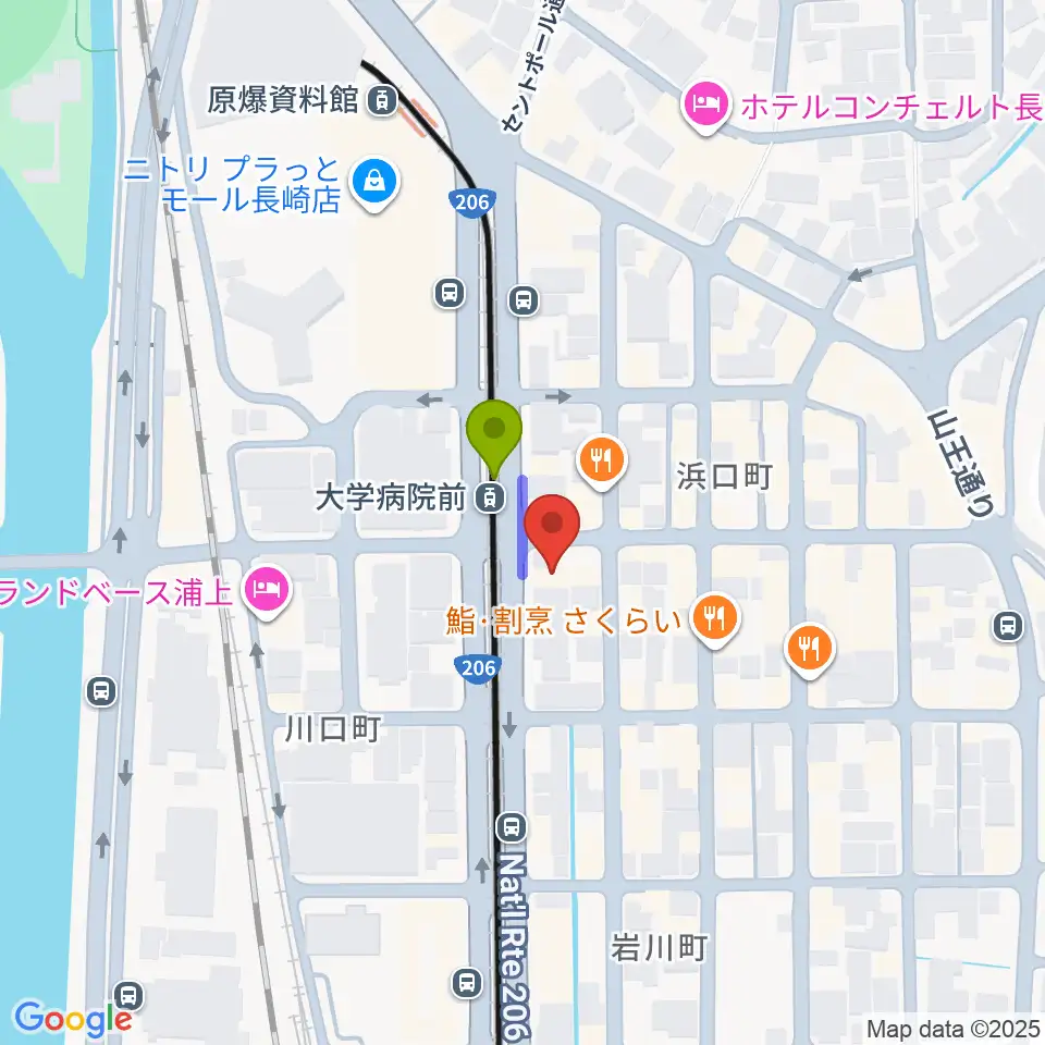 ホンダ楽器 アストロスペースの最寄駅大学病院駅からの徒歩ルート（約1分）地図