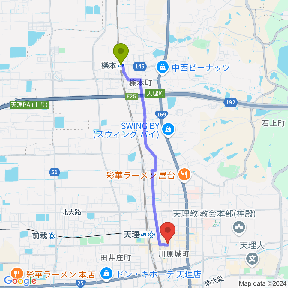 櫟本駅から音楽工房With Youへのルートマップ地図