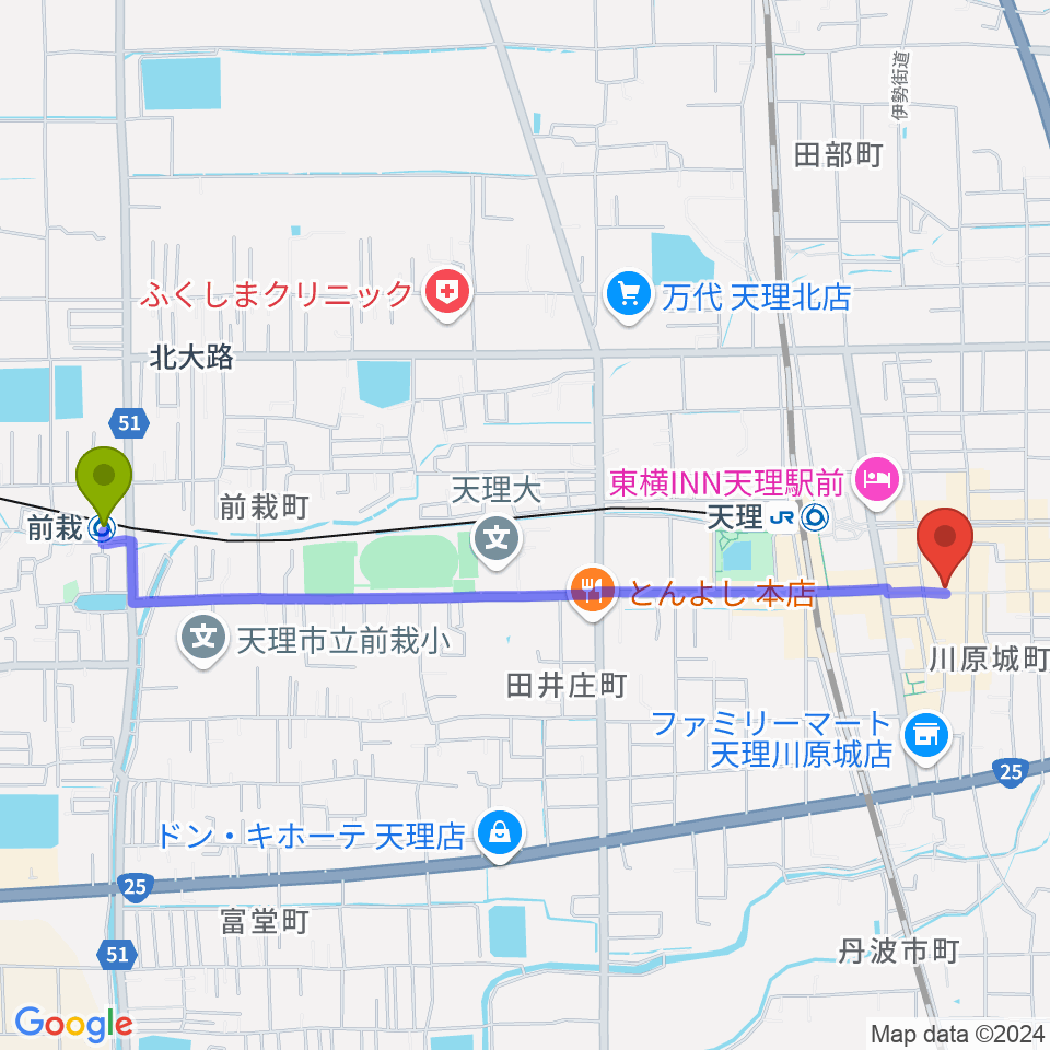 前栽駅から音楽工房With Youへのルートマップ地図