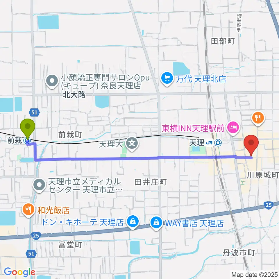 前栽駅から音楽工房With Youへのルートマップ地図