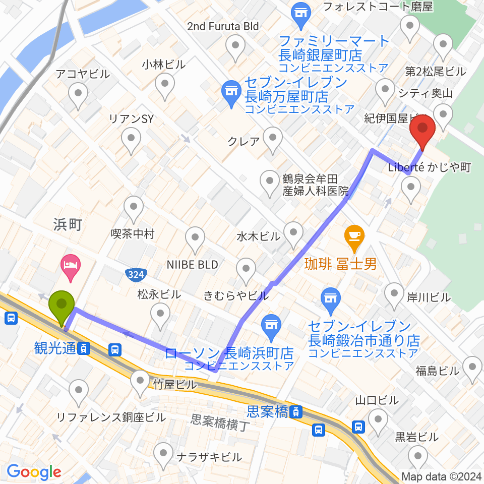 観光通駅から原楽器店へのルートマップ地図