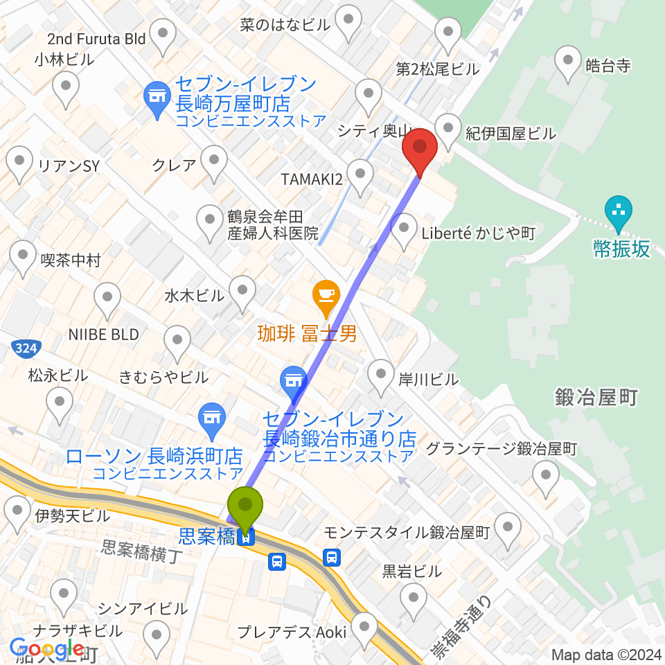原楽器店の最寄駅思案橋駅からの徒歩ルート（約5分）地図