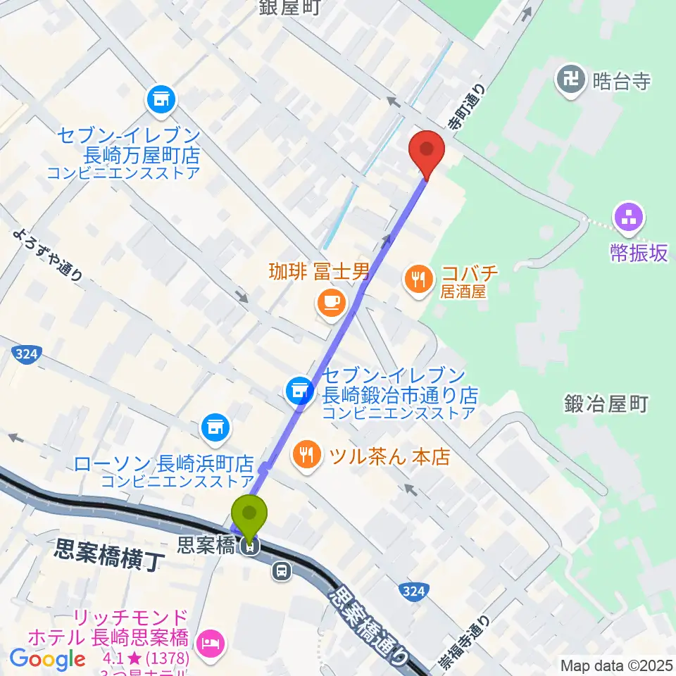 原楽器店の最寄駅思案橋駅からの徒歩ルート（約5分）地図