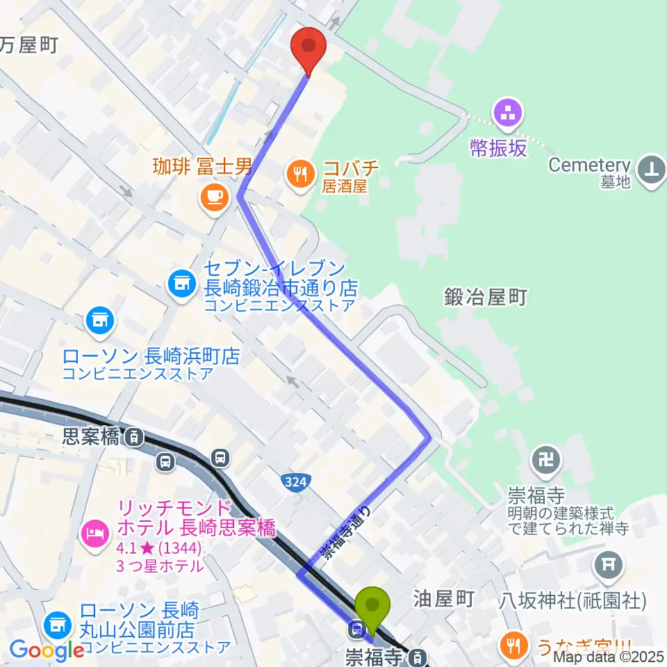 崇福寺駅から原楽器店へのルートマップ地図