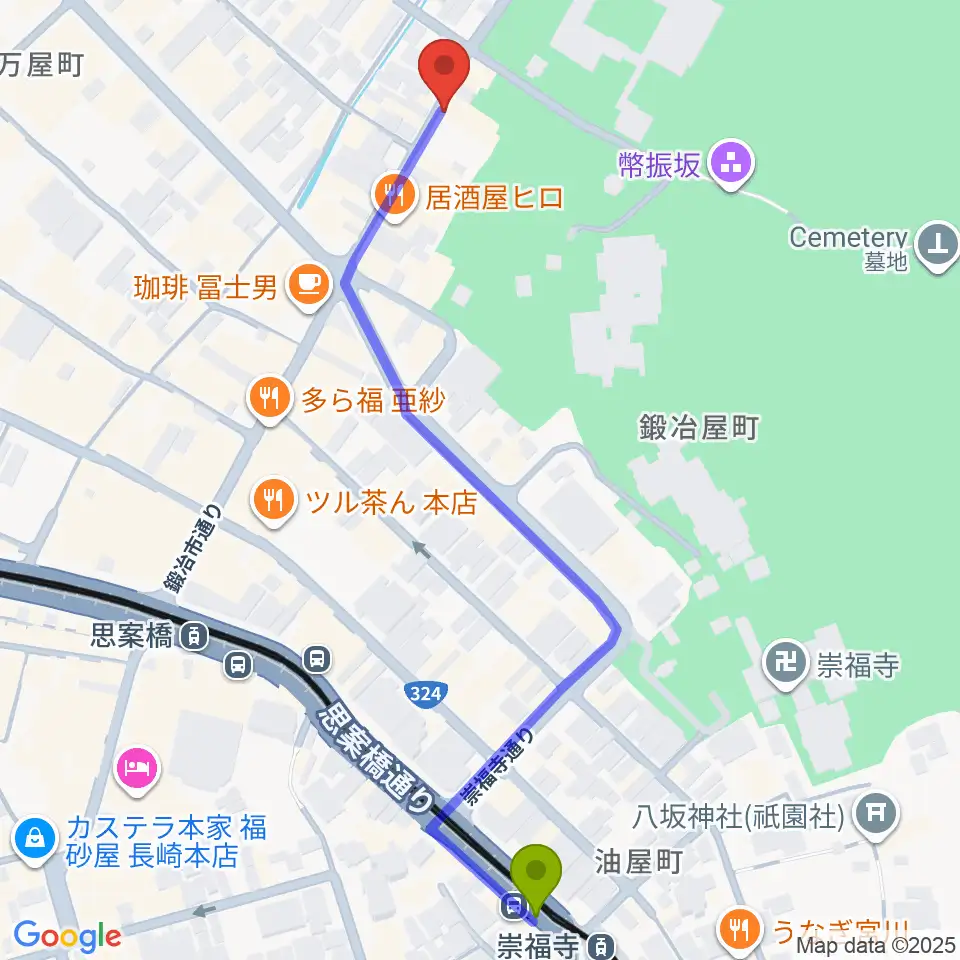 崇福寺駅から原楽器店へのルートマップ地図