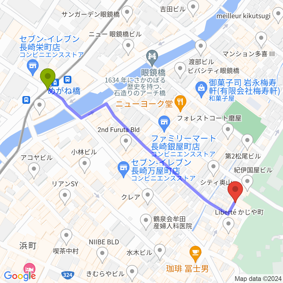 めがね橋駅から原楽器店へのルートマップ地図
