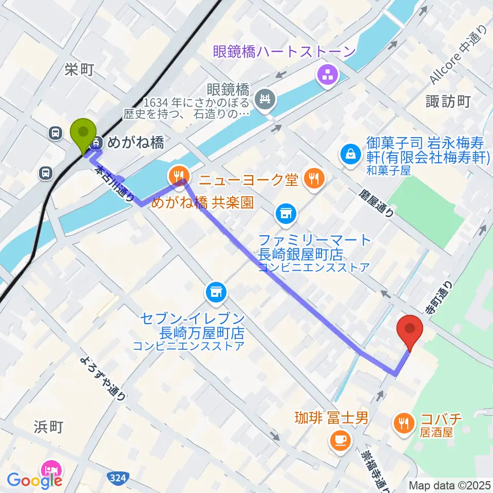 めがね橋駅から原楽器店へのルートマップ地図