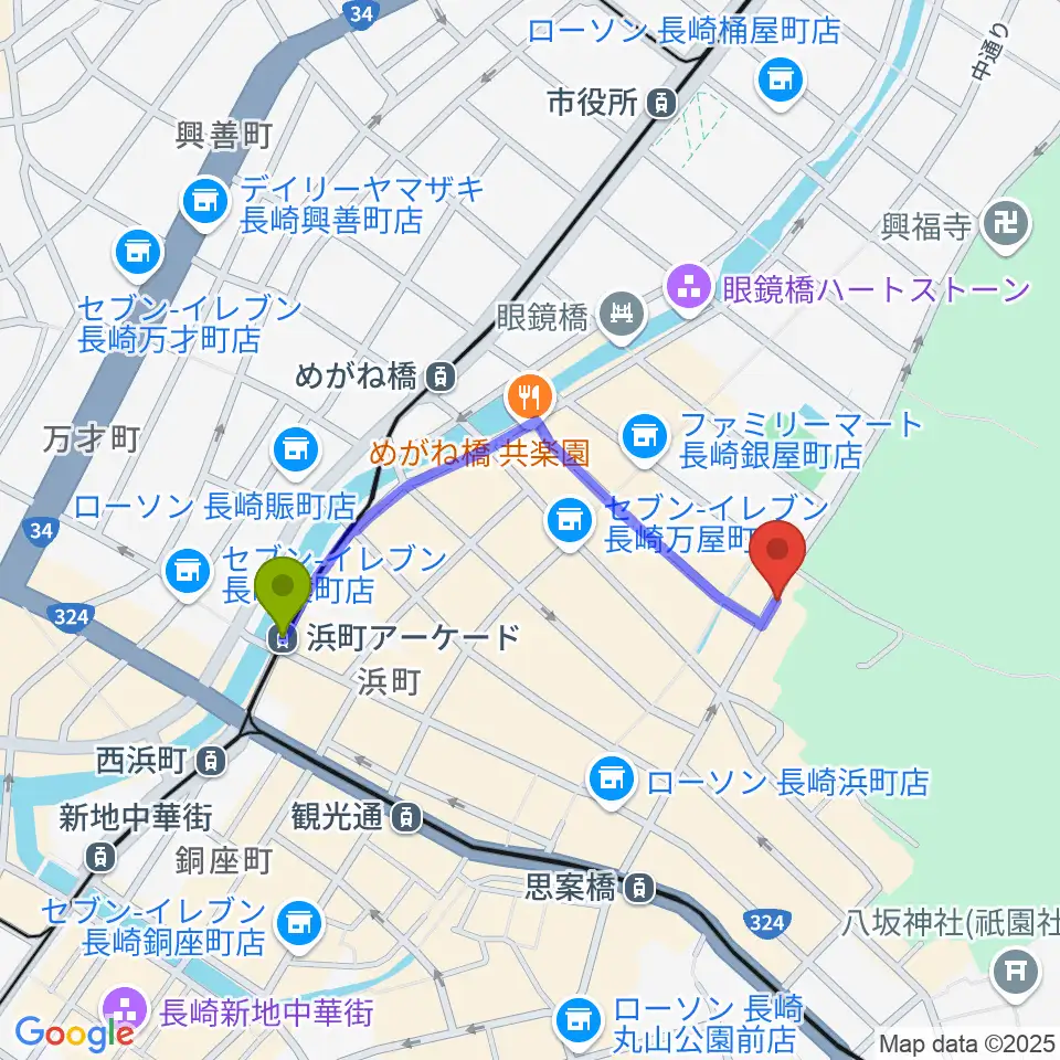 浜町アーケード駅から原楽器店へのルートマップ地図