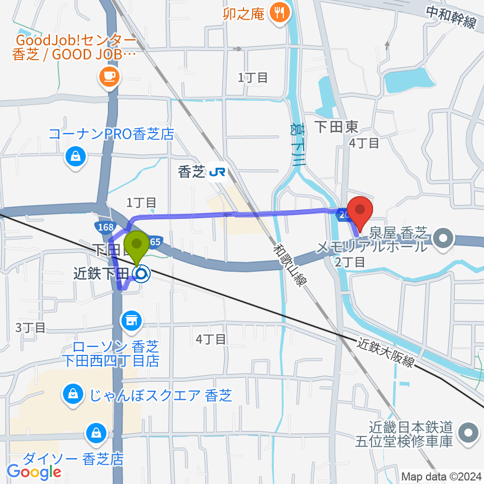 近鉄下田駅から香芝cafe Pop-innへのルートマップ地図