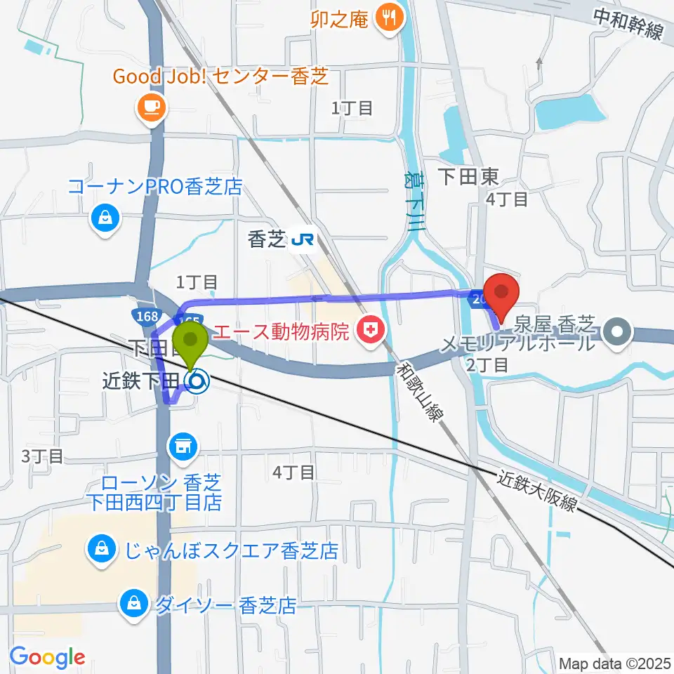 近鉄下田駅から香芝cafe Pop-innへのルートマップ地図