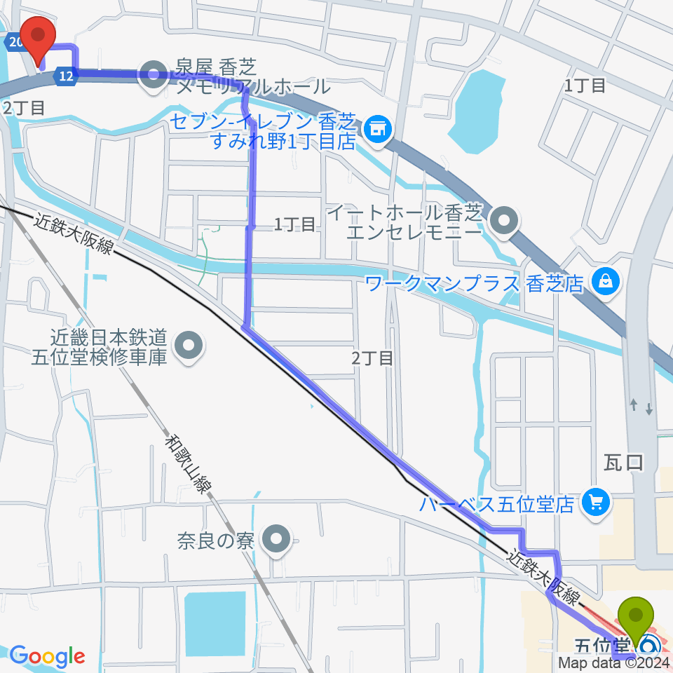 五位堂駅から香芝cafe Pop-innへのルートマップ地図