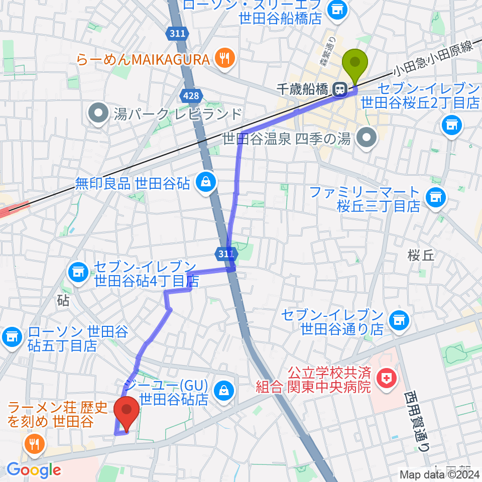 千歳船橋駅からMGS Music School 砧校へのルートマップ地図