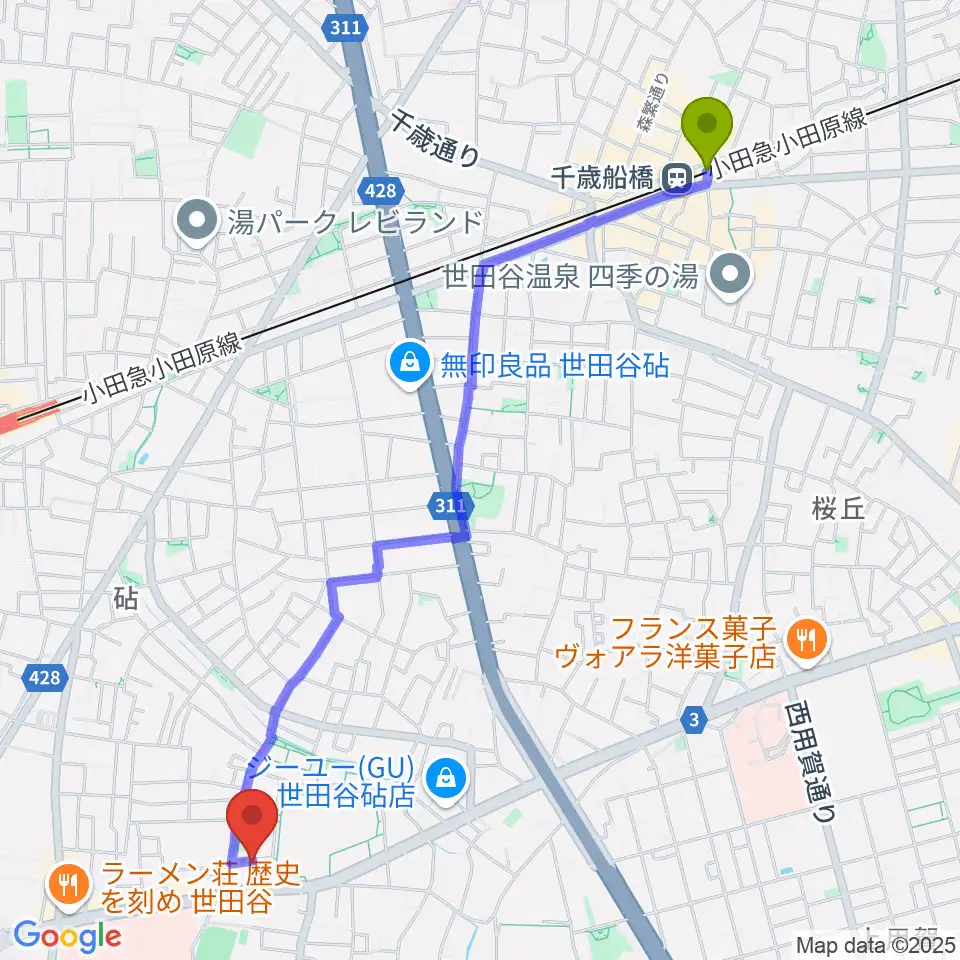 千歳船橋駅からMGS Music School 砧校へのルートマップ地図