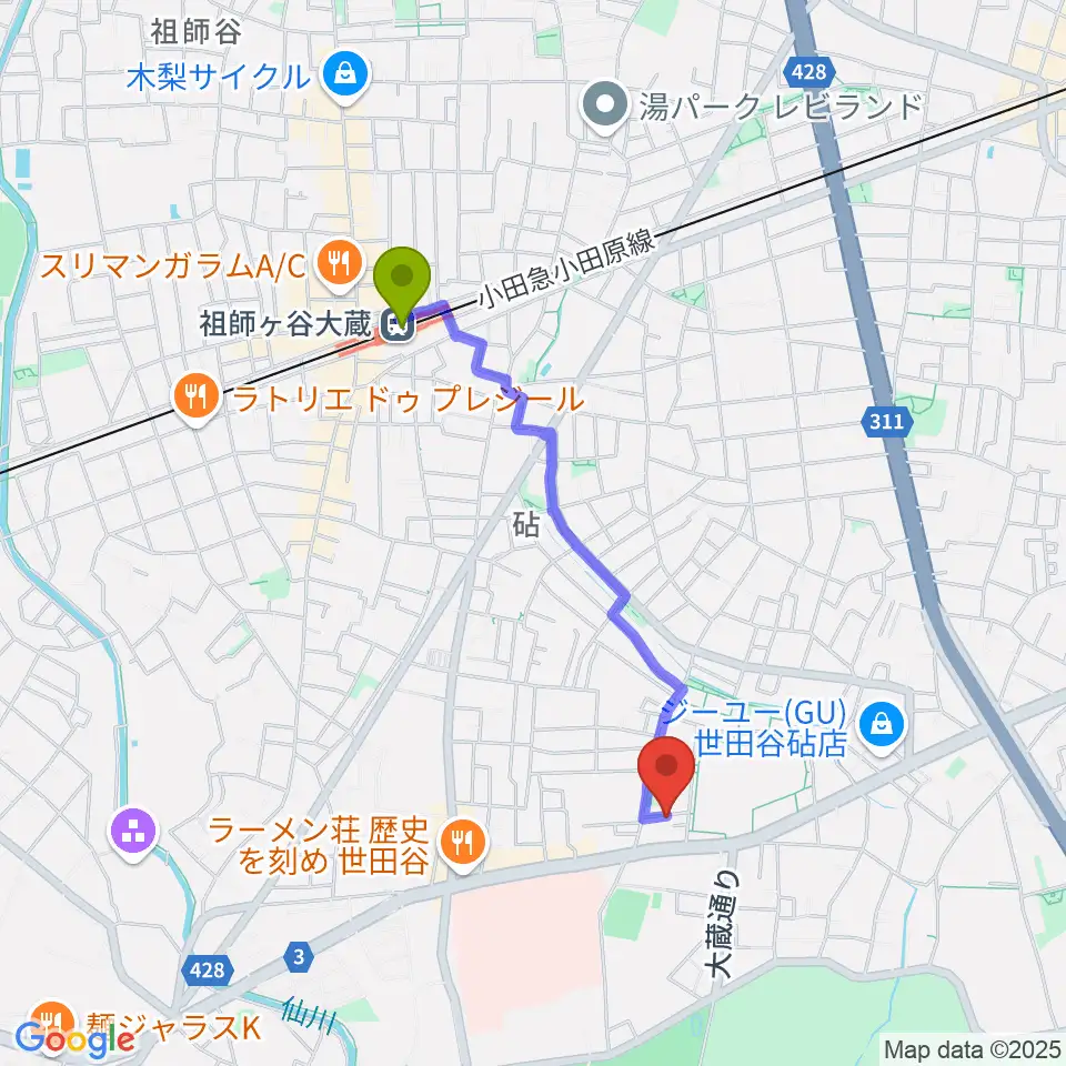 MGS Music School 砧校の最寄駅祖師ヶ谷大蔵駅からの徒歩ルート（約16分）地図