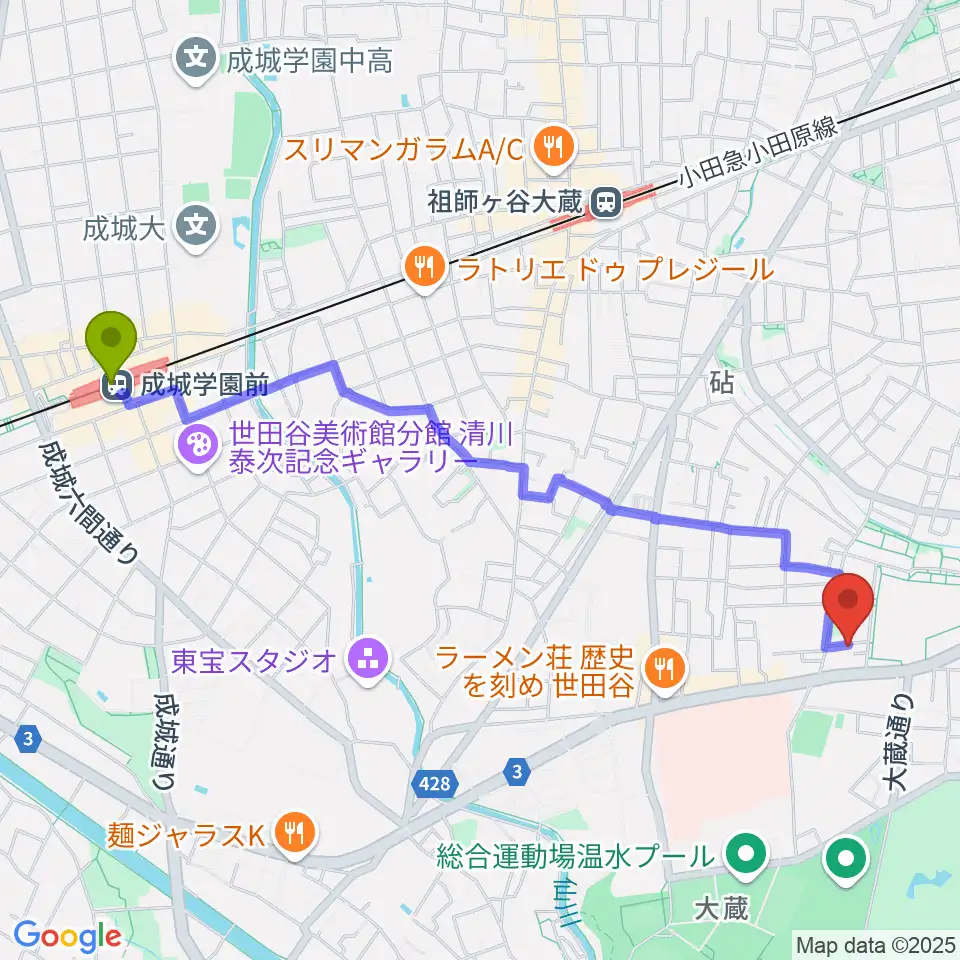 成城学園前駅からMGS Music School 砧校へのルートマップ地図