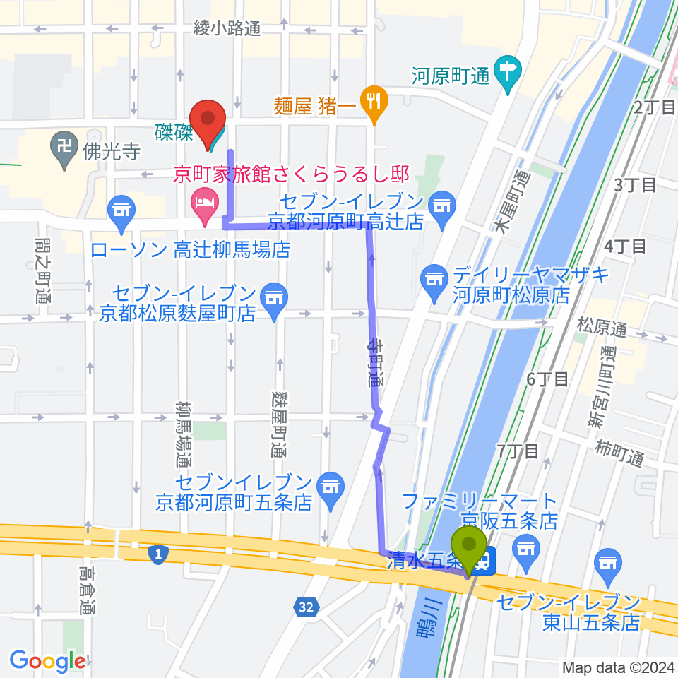 清水五条駅から磔磔へのルートマップ地図
