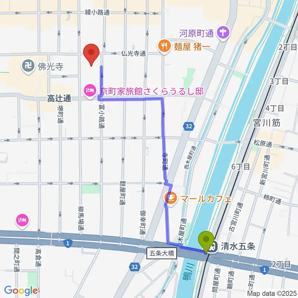 清水五条駅から磔磔へのルートマップ地図