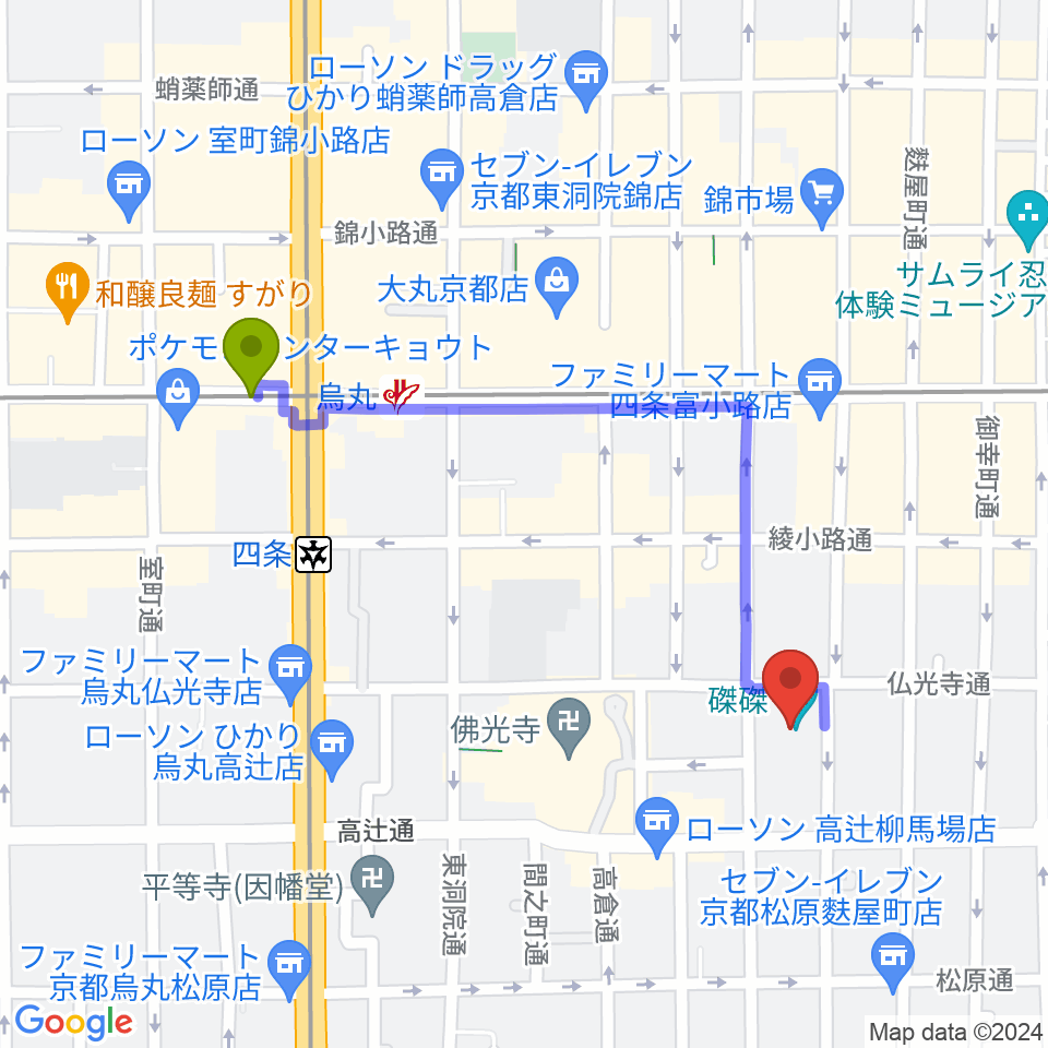 磔磔の最寄駅烏丸駅からの徒歩ルート（約9分）地図