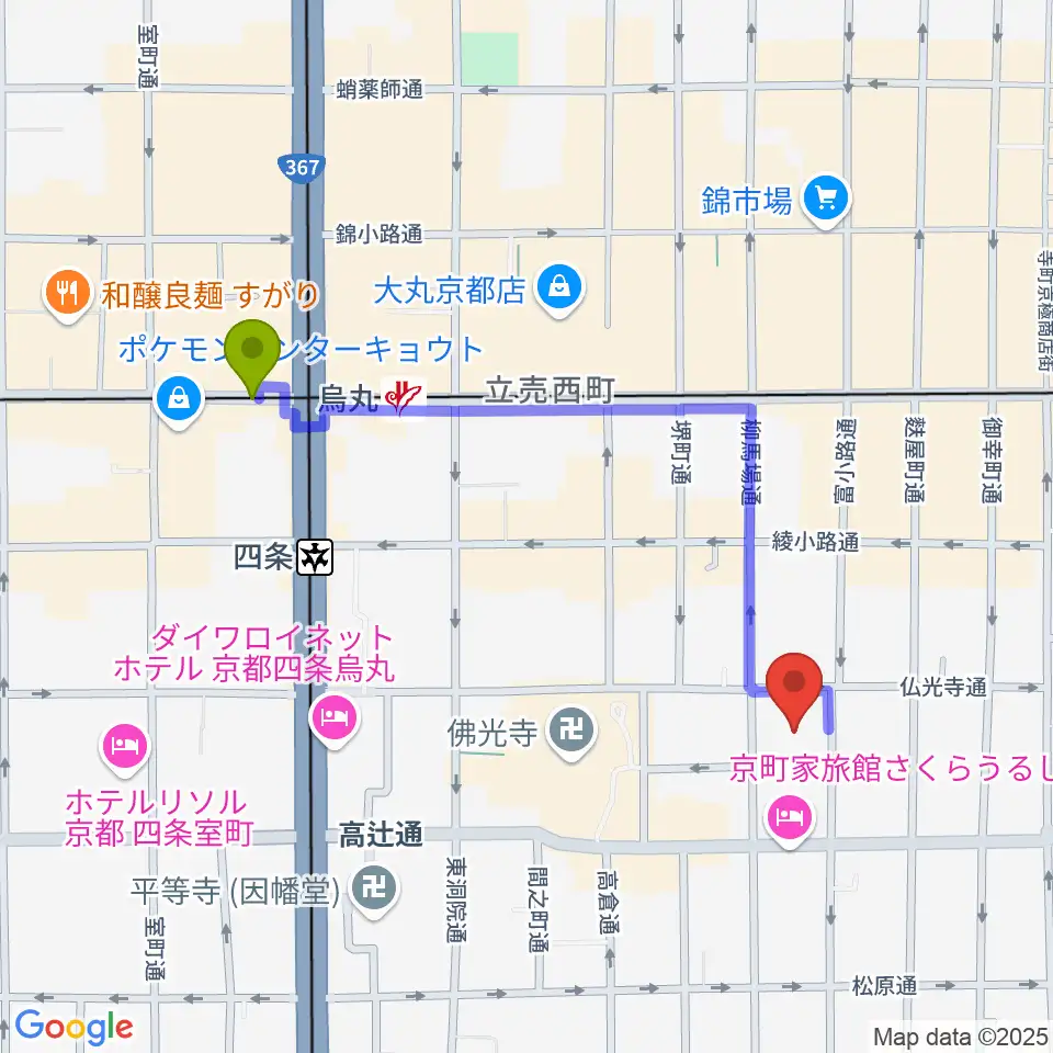 磔磔の最寄駅烏丸駅からの徒歩ルート（約9分）地図