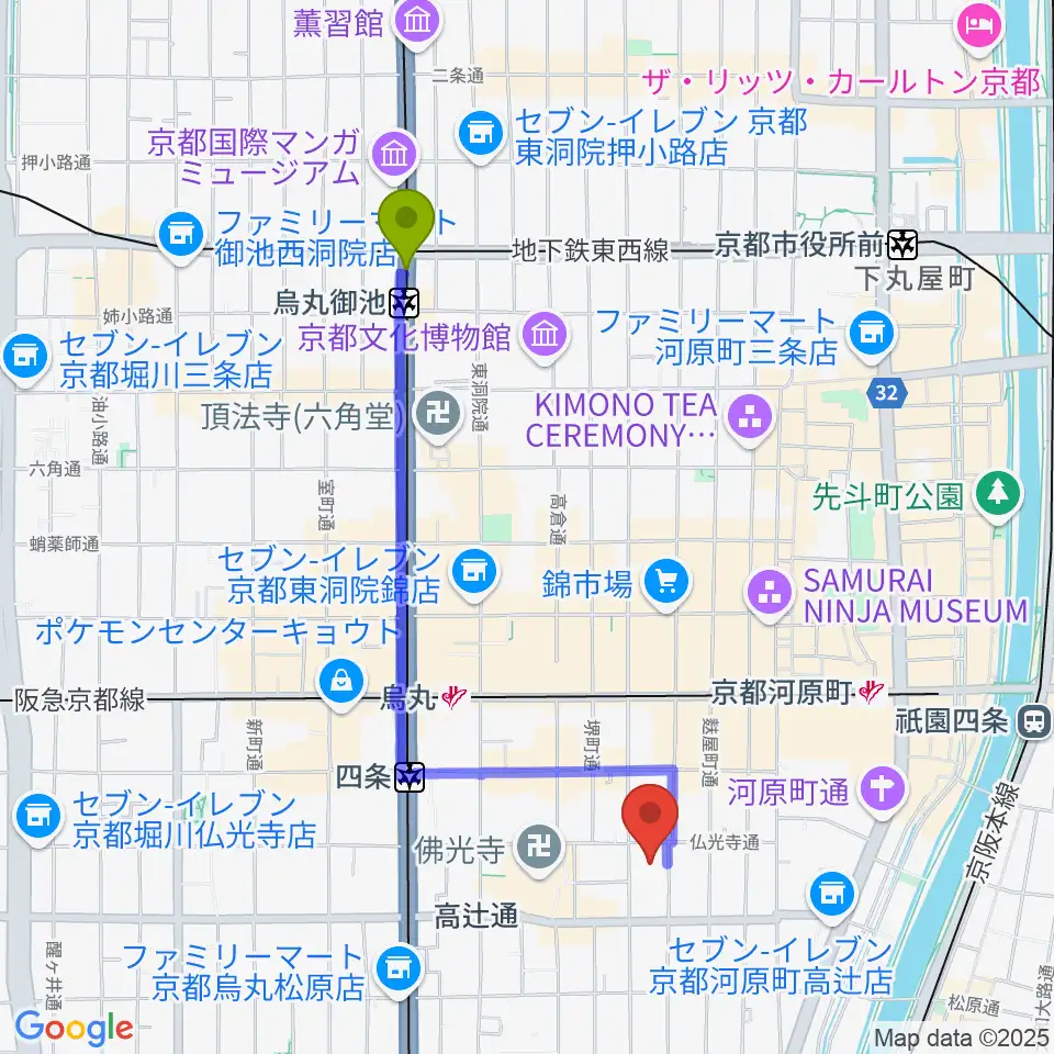 烏丸御池駅から磔磔へのルートマップ地図