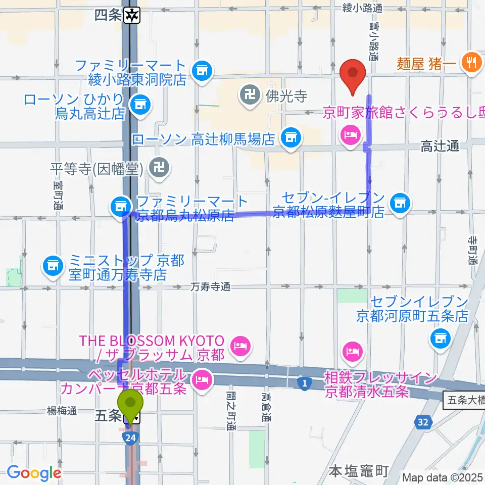 五条駅から磔磔へのルートマップ地図