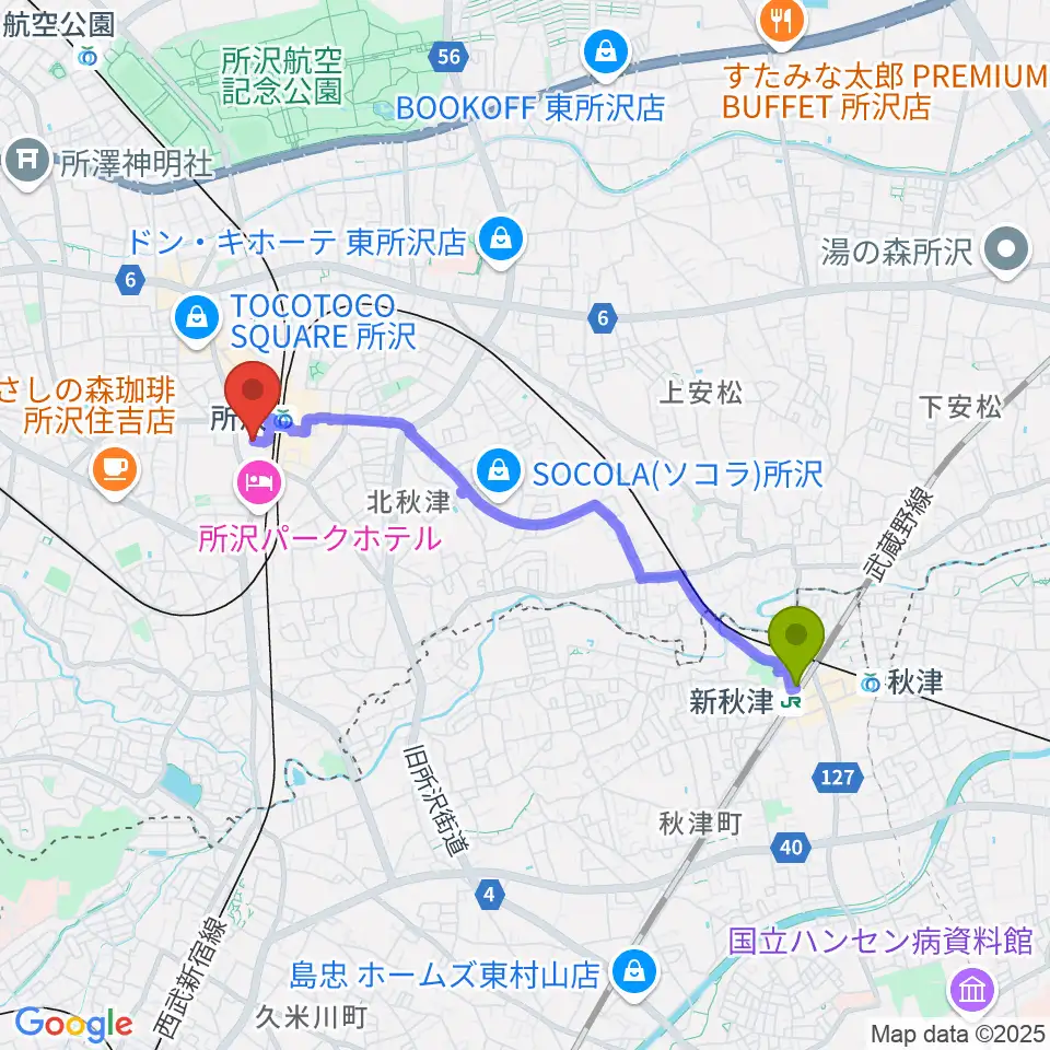 新秋津駅から山野楽器 ワルツ所沢店へのルートマップ地図