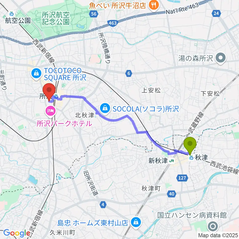 秋津駅から山野楽器 ワルツ所沢店へのルートマップ地図