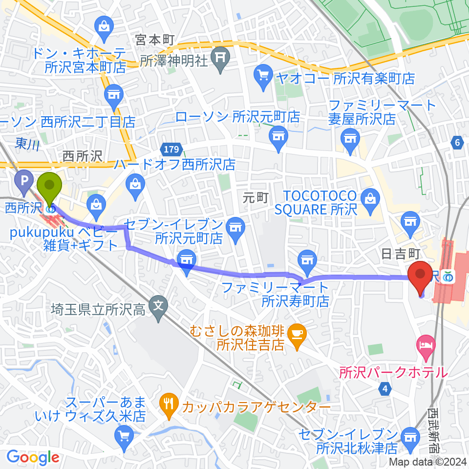 西所沢駅から山野楽器 ワルツ所沢店へのルートマップ地図