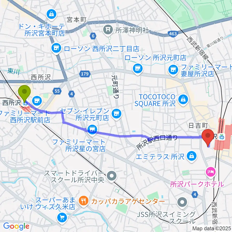 西所沢駅から山野楽器 ワルツ所沢店へのルートマップ地図