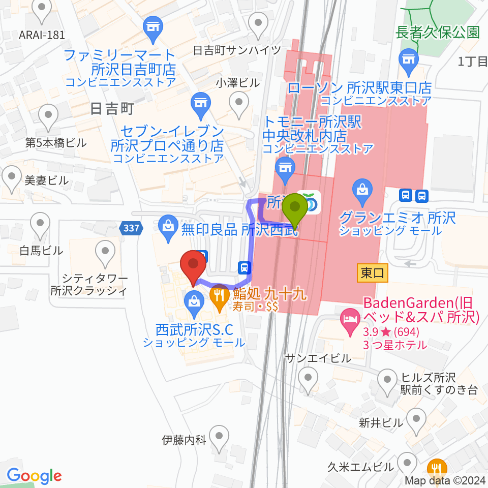 山野楽器 ワルツ所沢店の最寄駅所沢駅からの徒歩ルート（約2分）地図