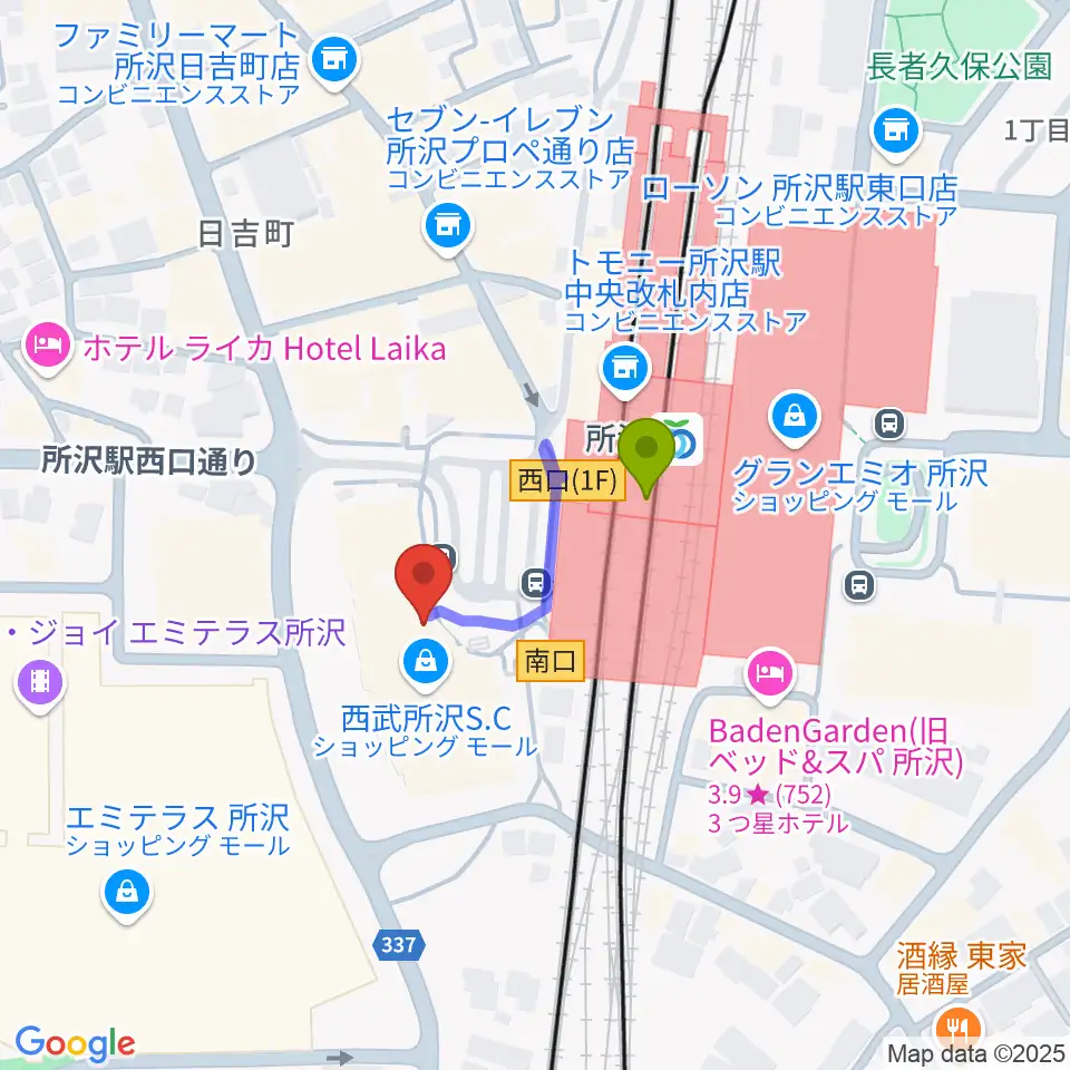 山野楽器 ワルツ所沢店の最寄駅所沢駅からの徒歩ルート（約2分）地図