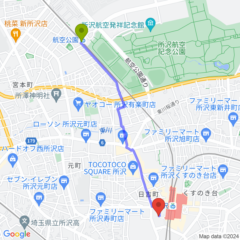 航空公園駅から山野楽器 ワルツ所沢店へのルートマップ地図