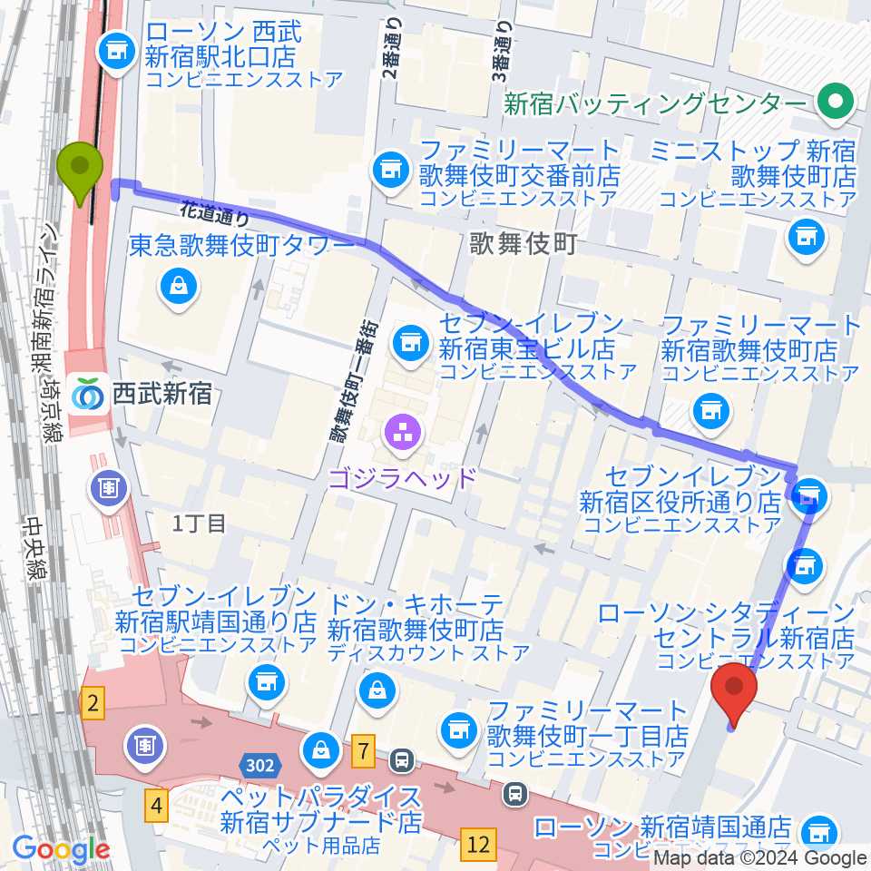 西武新宿駅から新宿Zirco Tokyoへのルートマップ地図