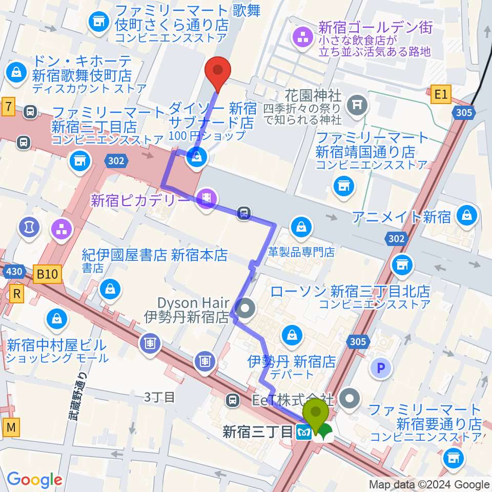 新宿Zirco Tokyoの最寄駅新宿三丁目駅からの徒歩ルート（約6分）地図