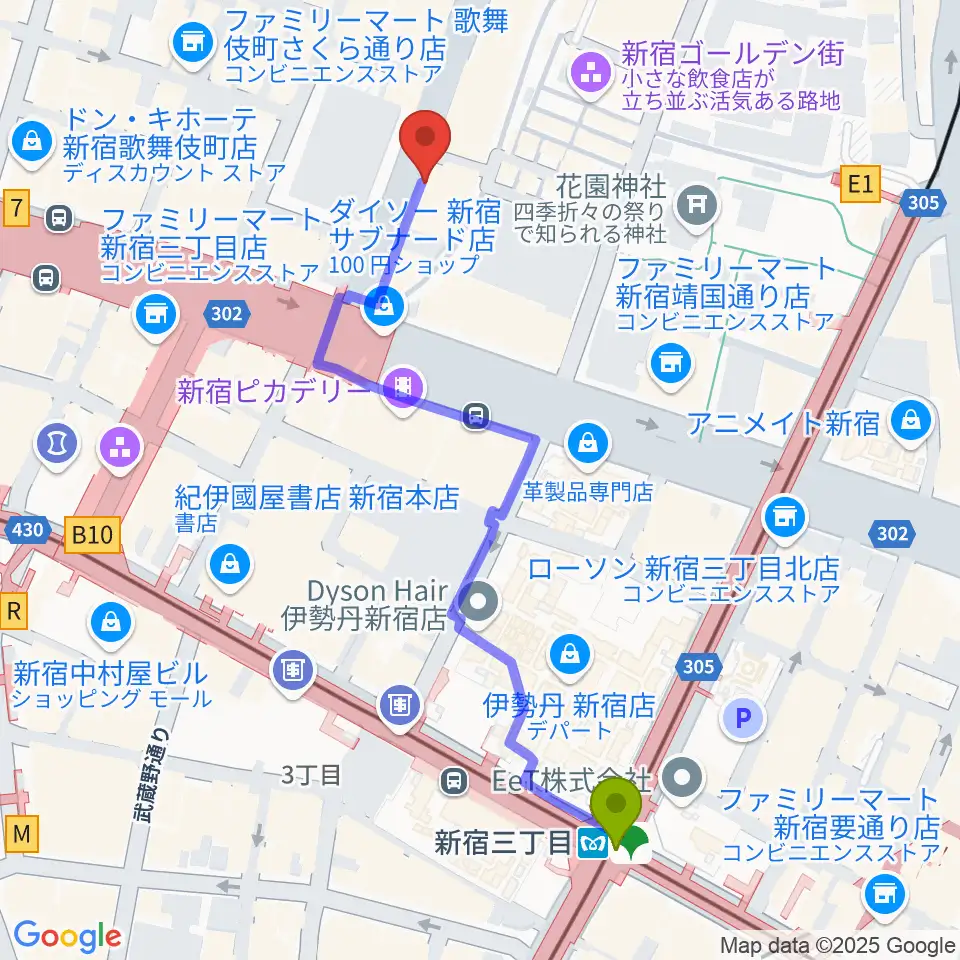 新宿Zirco Tokyoの最寄駅新宿三丁目駅からの徒歩ルート（約6分）地図