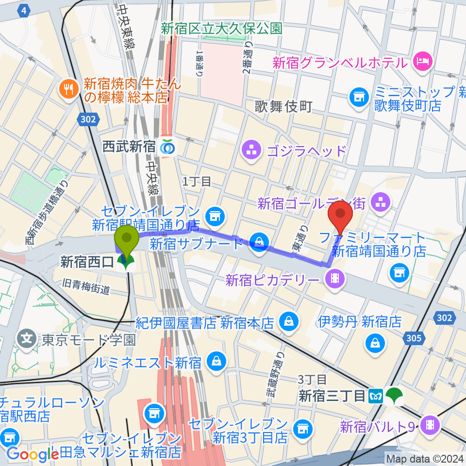 新宿西口駅から新宿Zirco Tokyoへのルートマップ地図