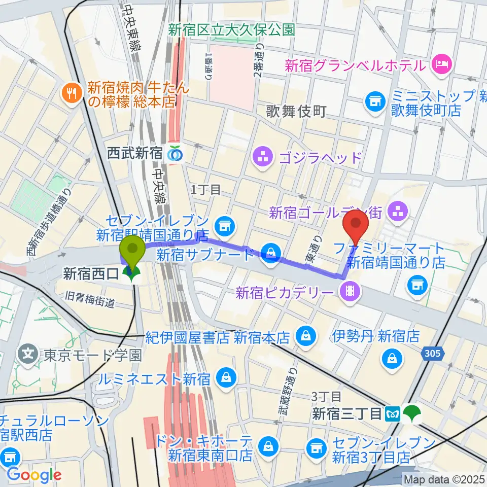 新宿西口駅から新宿Zirco Tokyoへのルートマップ地図