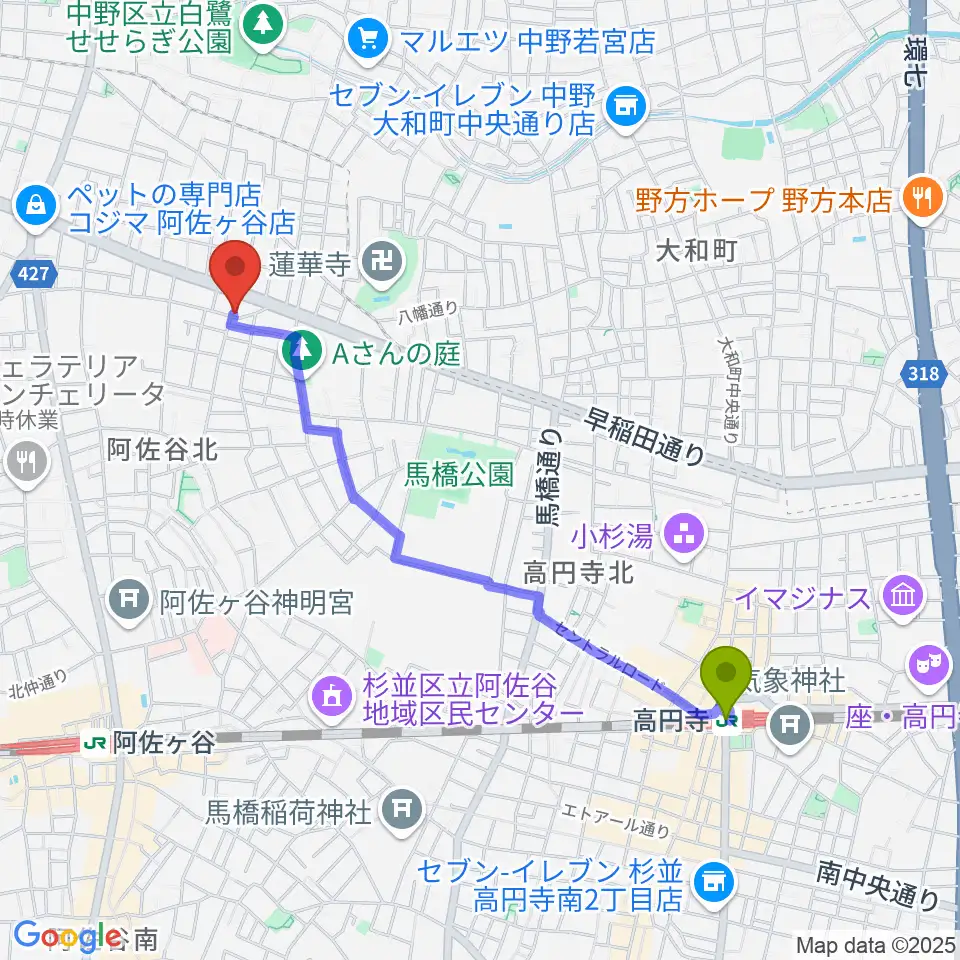 高円寺駅から阿佐ヶ谷家劇場へのルートマップ地図