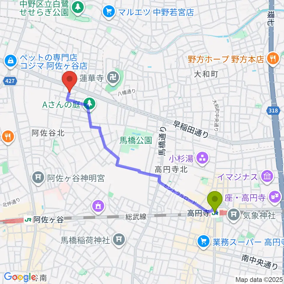 高円寺駅から阿佐ヶ谷家劇場へのルートマップ地図