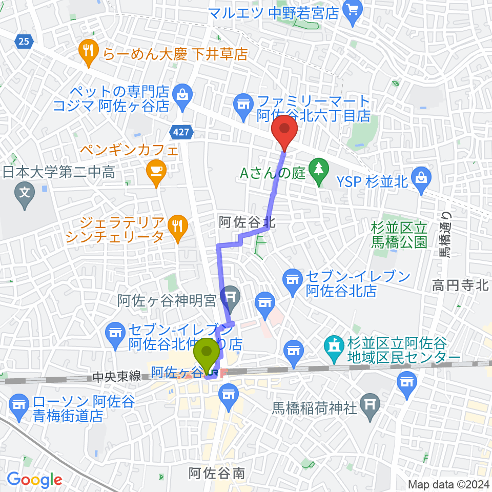 阿佐ヶ谷家劇場の最寄駅阿佐ケ谷駅からの徒歩ルート（約15分）地図