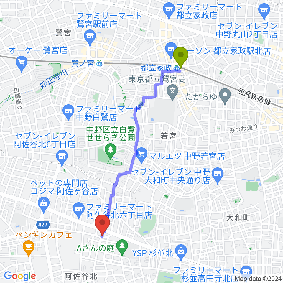 都立家政駅から阿佐ヶ谷家劇場へのルートマップ地図