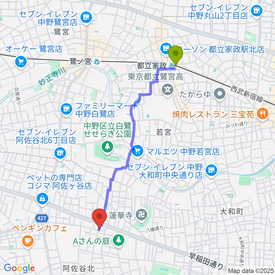 都立家政駅から阿佐ヶ谷家劇場へのルートマップ地図