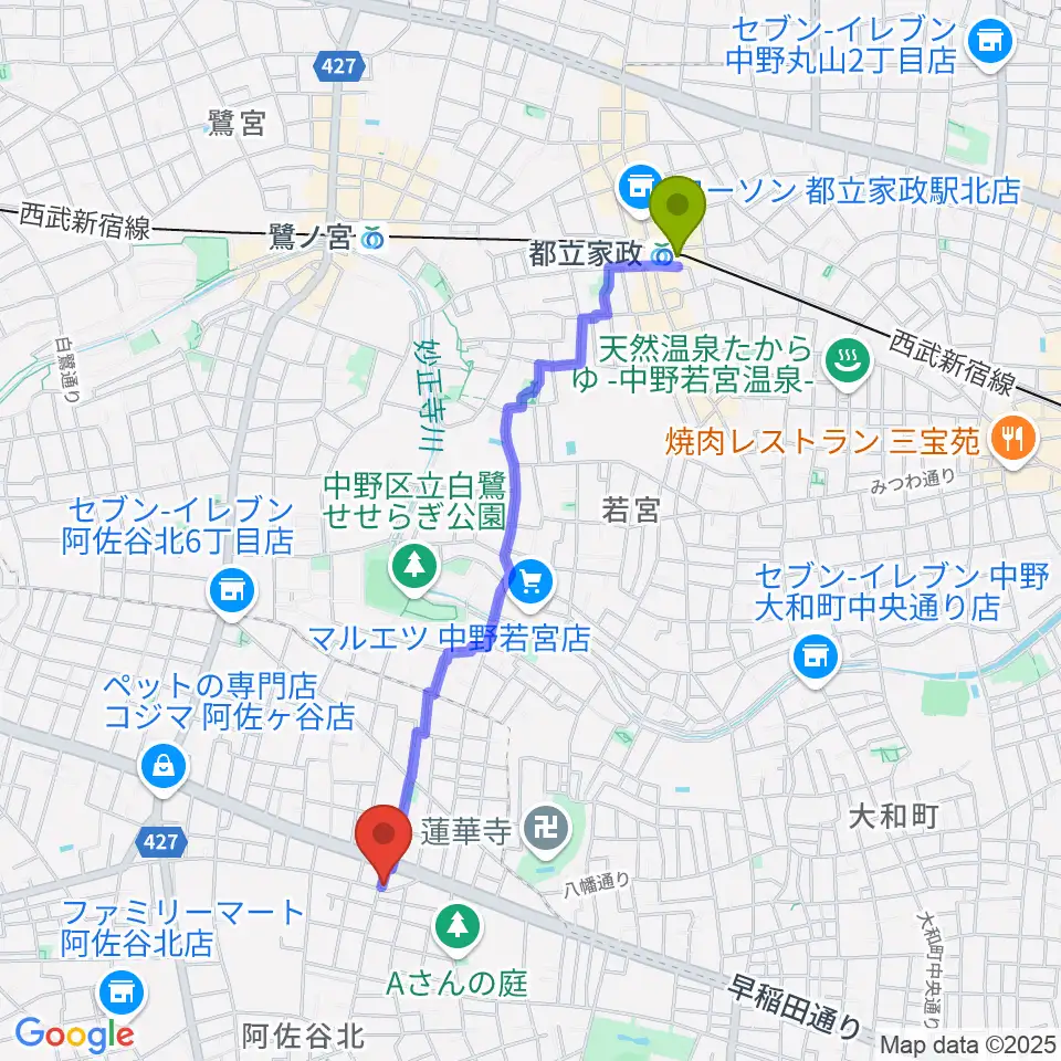 都立家政駅から阿佐ヶ谷家劇場へのルートマップ地図