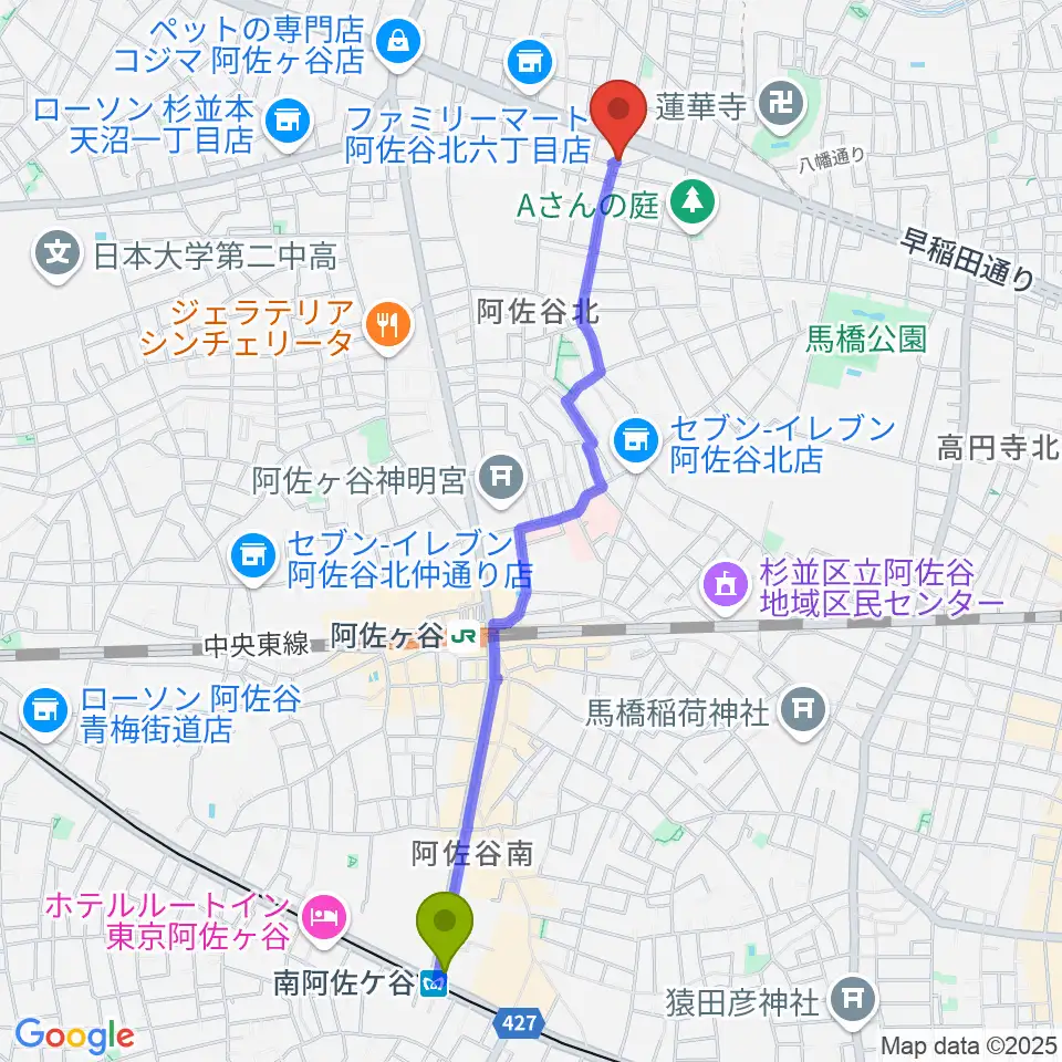 南阿佐ケ谷駅から阿佐ヶ谷家劇場へのルートマップ地図