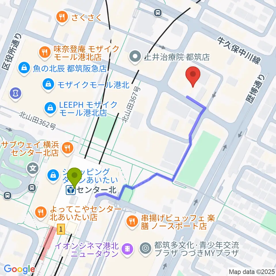 音楽教室IROHAの最寄駅センター北駅からの徒歩ルート（約4分）地図