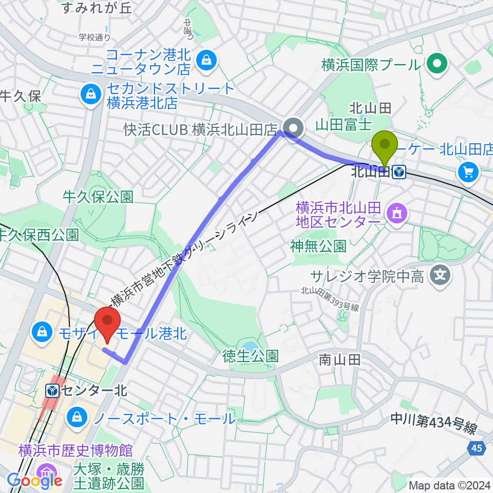 北山田駅から音楽教室IROHAへのルートマップ地図