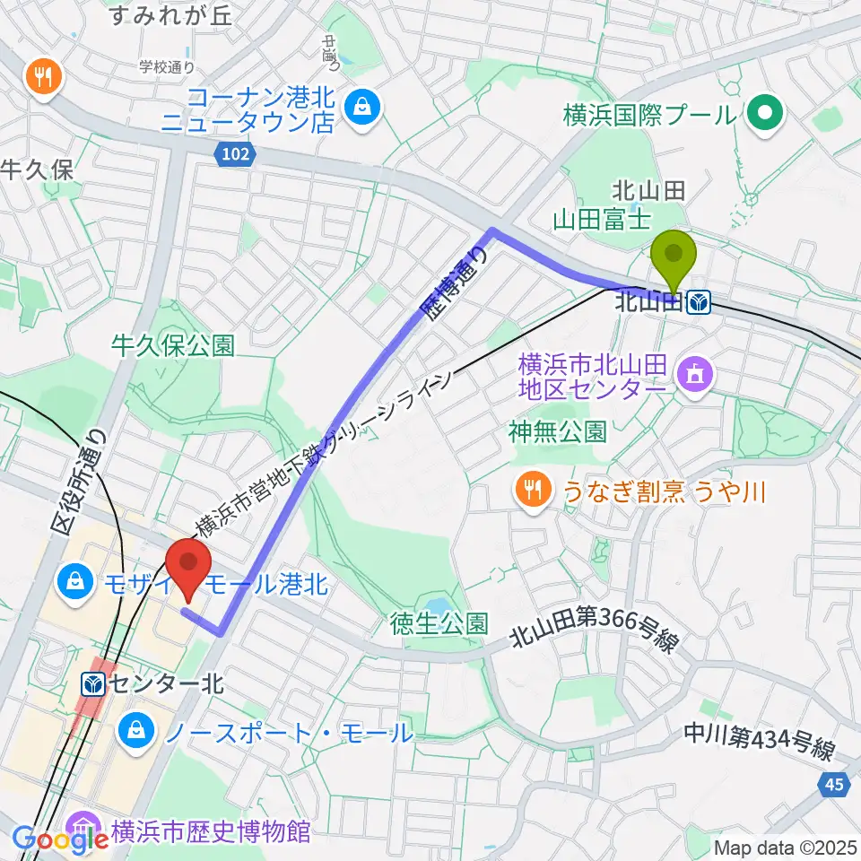 北山田駅から音楽教室IROHAへのルートマップ地図